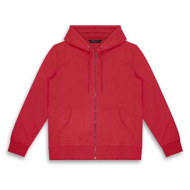 A red unisex hoodie with a front zip, two pockets, and a hood. Features a logo.
