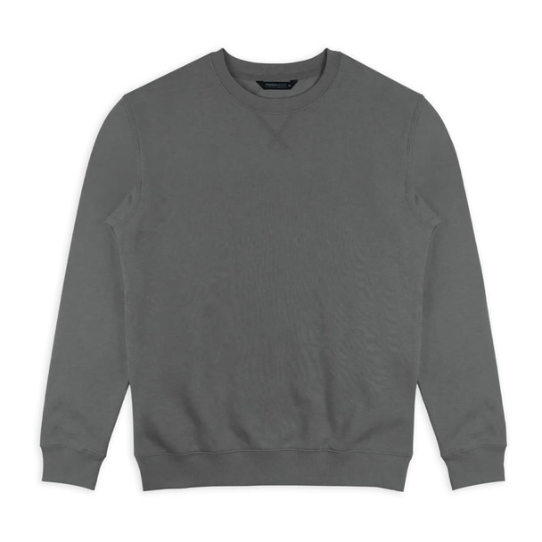 A classic unisex sweatshirt in grey, featuring a crew neck and long sleeves. The design includes a logo.