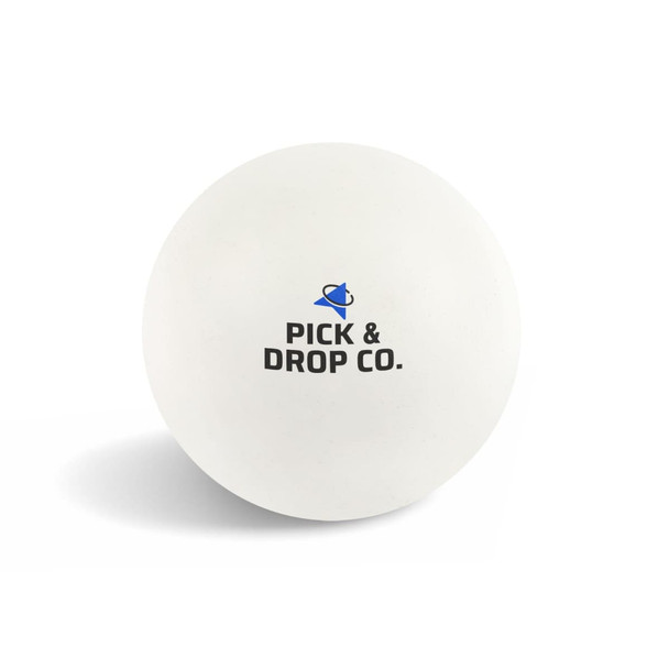 A white bouncy ball featuring a logo. Designed for fun and games.