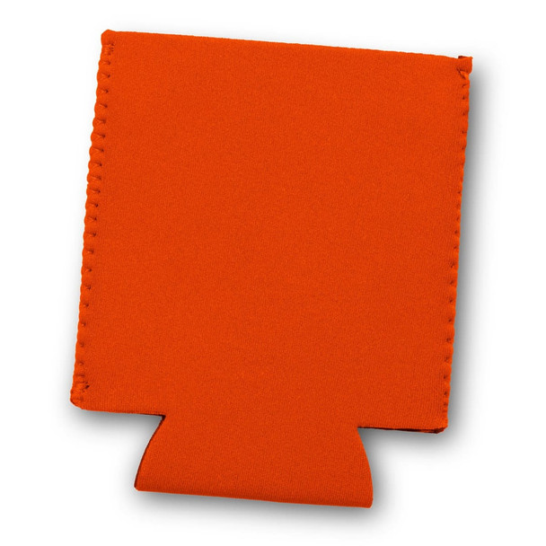 An orange stubby cooler with a bottom flap and stitched edges, designed to hold a drink bottle.