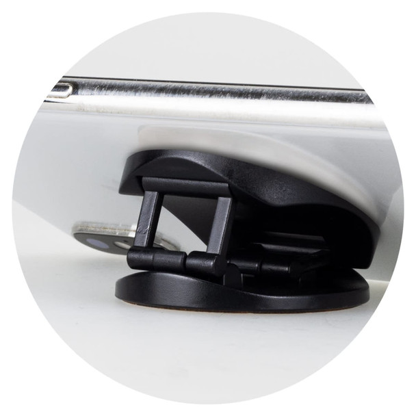 A black phone holder with a sturdy base, designed to support a smartphone.