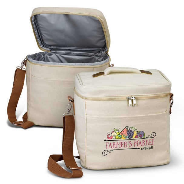 A cream-coloured cooler bag with a zippered top and a brown shoulder strap, featuring a logo. A cream-coloured cooler bag with a zippered top and a brown shoulder strap, featuring a logo.