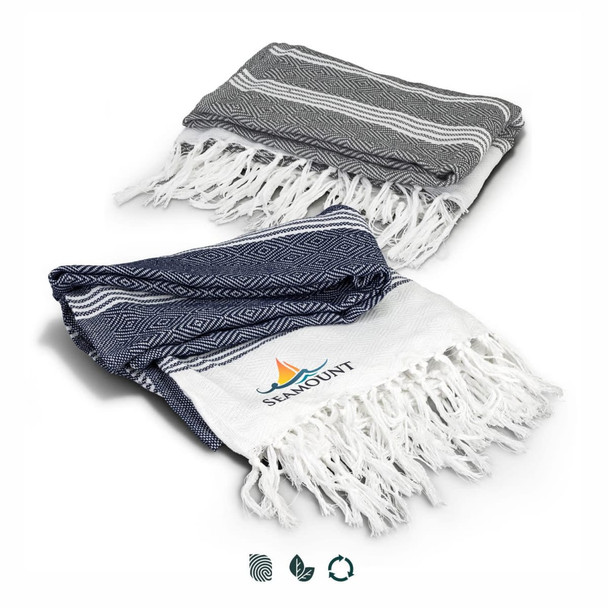 A set of two Ohau Throw Blankets in navy blue and white with fringe detailing and a logo. A set of two Ohau Throw Blankets in navy blue and white with fringe detailing and a logo.