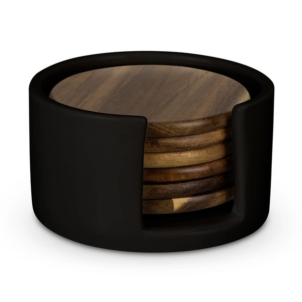 A set of wooden coasters in a black holder, featuring a smooth finish and circular design. A set of wooden coasters in a black holder, featuring a smooth finish and circular design.