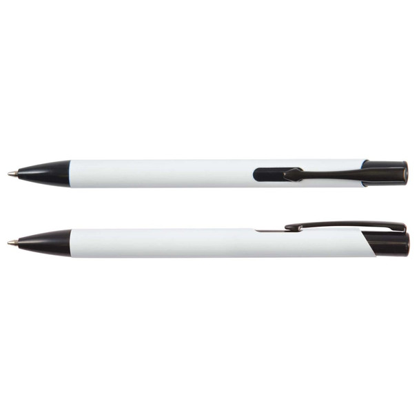 A black and white metal pen duo featuring sleek designs and a clip for easy carrying. Includes a logo.