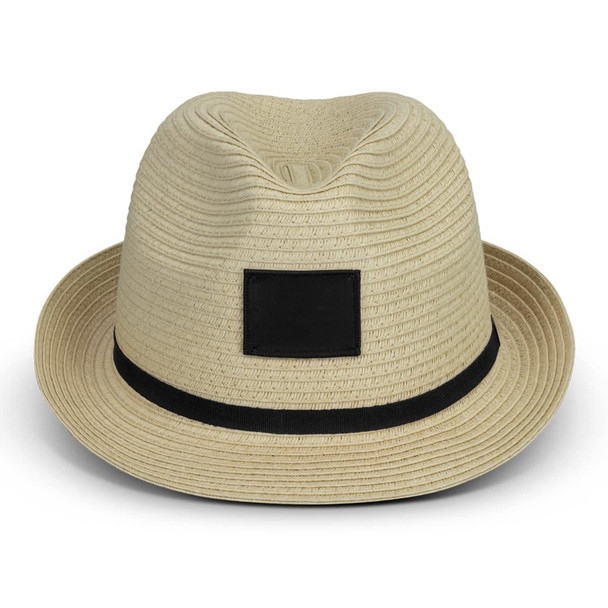A beige fedora hat with a textured finish and a black band, featuring a blank label on the front.