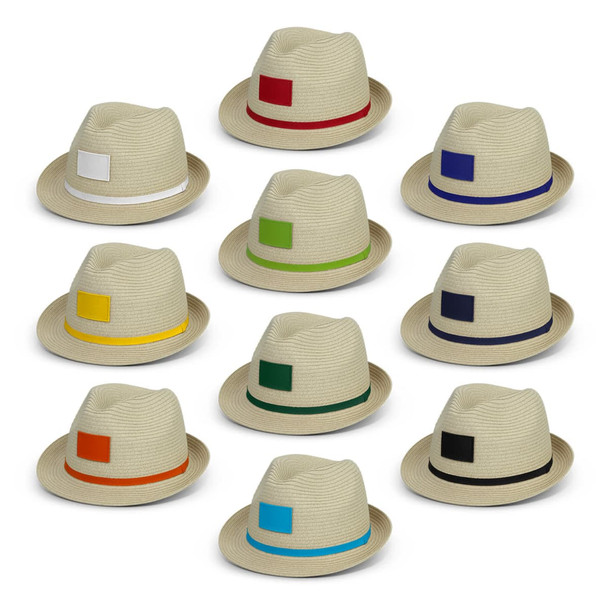 A collection of beige fedora hats with various coloured bands, including green, blue, orange, and yellow, displayed in rows. A collection of beige fedora hats with various coloured bands, including green, blue, orange, and yellow, displayed in rows.