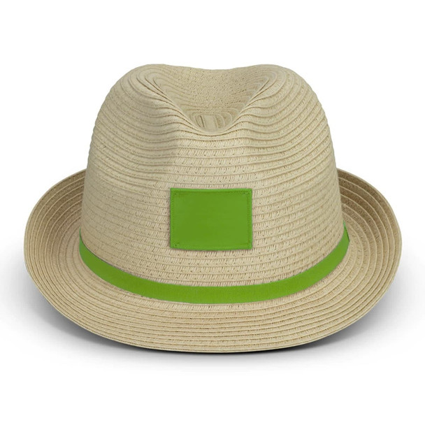 A Bruno Fedora Hat in a light beige colour with a green band and a blank logo area. A Bruno Fedora Hat in a light beige colour with a green band and a blank logo area.