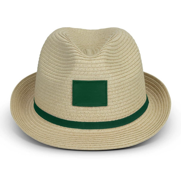 A tan fedora hat featuring a green band and a square patch area for branding. A tan fedora hat featuring a green band and a square patch area for branding.