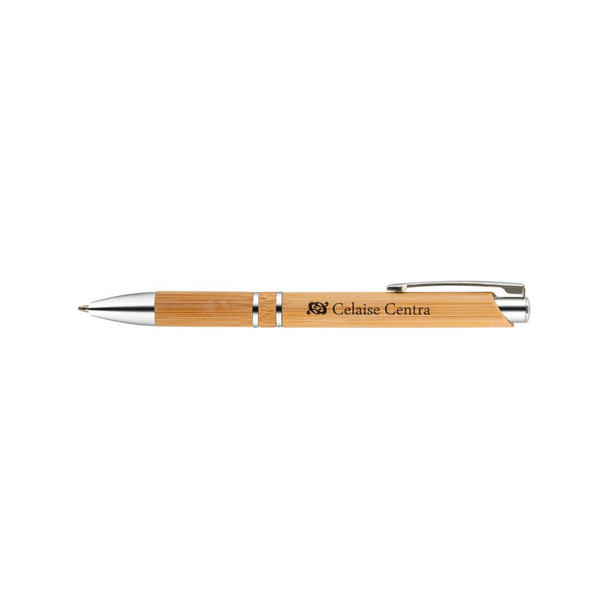 A bamboo pen with a silver clip and accents, featuring a logo on the wooden body.