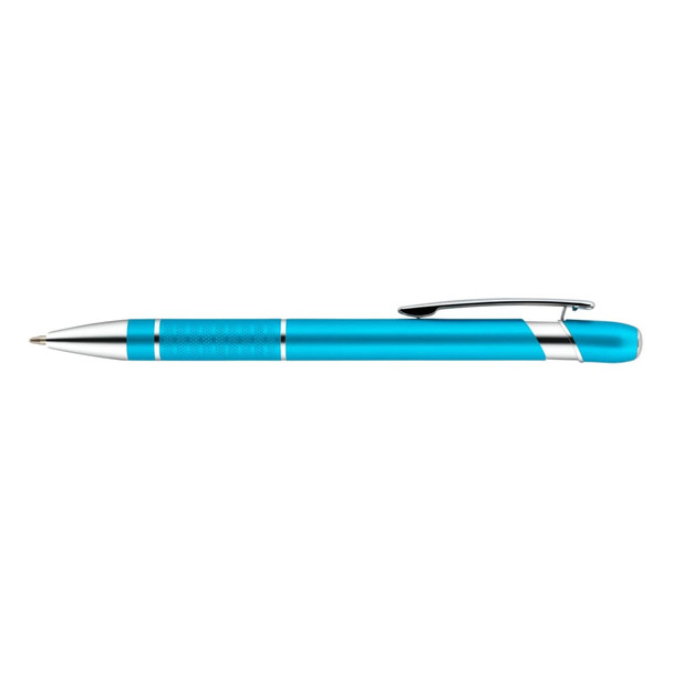 A metal pen in bright blue with silver accents and a clip, featuring a logo.