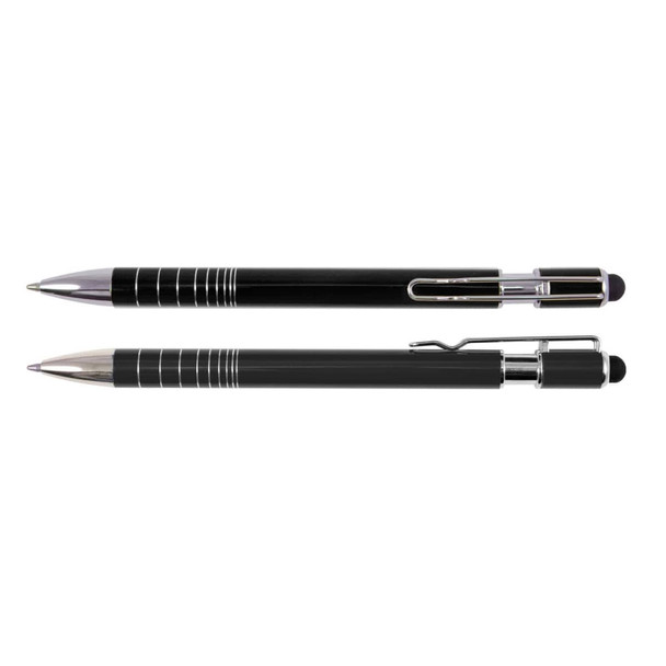 A black stylus pen with a silver clip and accents, featuring both a pen tip and a stylus tip. A black stylus pen with a silver clip and accents, featuring both a pen tip and a stylus tip.