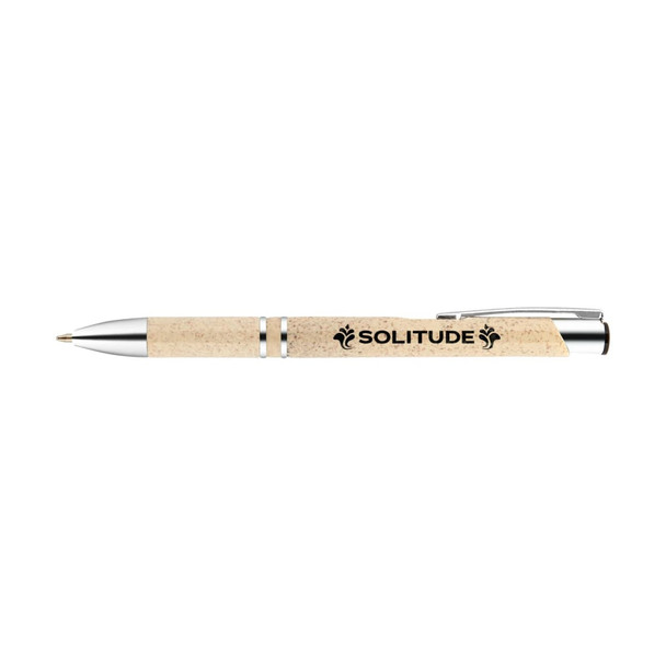 A cork-finished pen with silver accents and a branding logo displayed on the barrel.