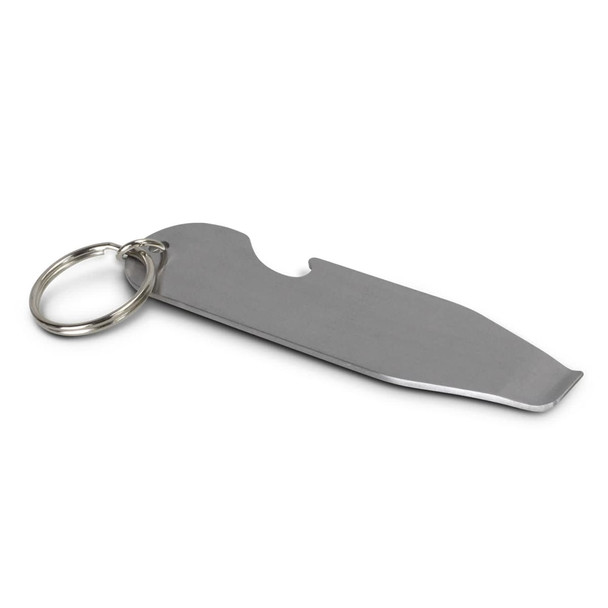 A stainless steel key ring designed as a bottle opener and paint tin opener, sleek and simple in design.