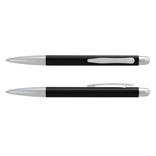 A metal pen in black with silver accents, featuring a sleek design and a clip. Includes a branding logo.