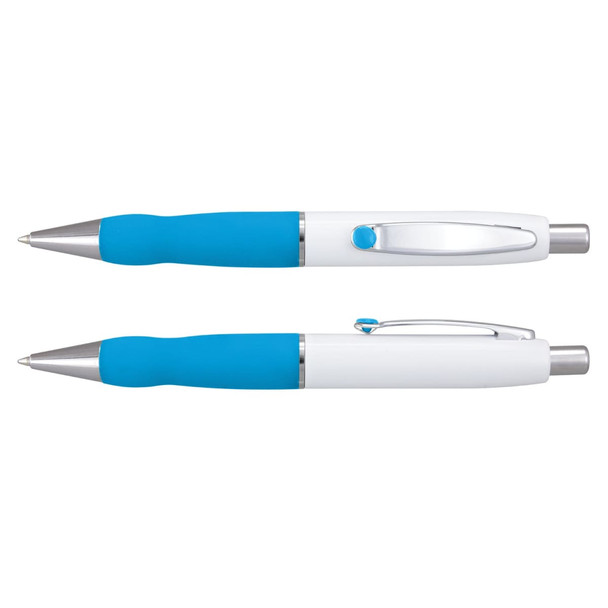 A metal pen with a white barrel and blue grip, featuring a silver clip and tip, alongside another pen in a similar design.