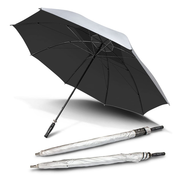 A black and silver umbrella with a curved handle, displayed open and alongside its closed form. It features a logo.