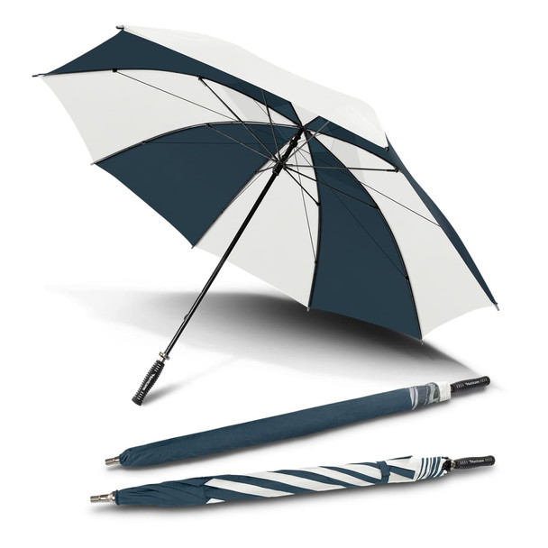 A large, navy and white sport umbrella, opened and closed, featuring a handle and a logo.
