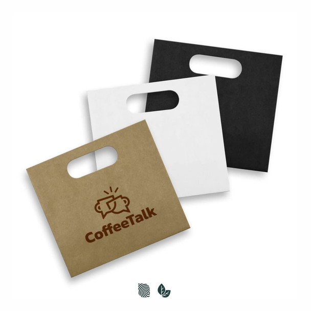 A medium die cut paper bag in brown, white, and black, featuring a logo. A medium die cut paper bag in brown, white, and black, featuring a logo.