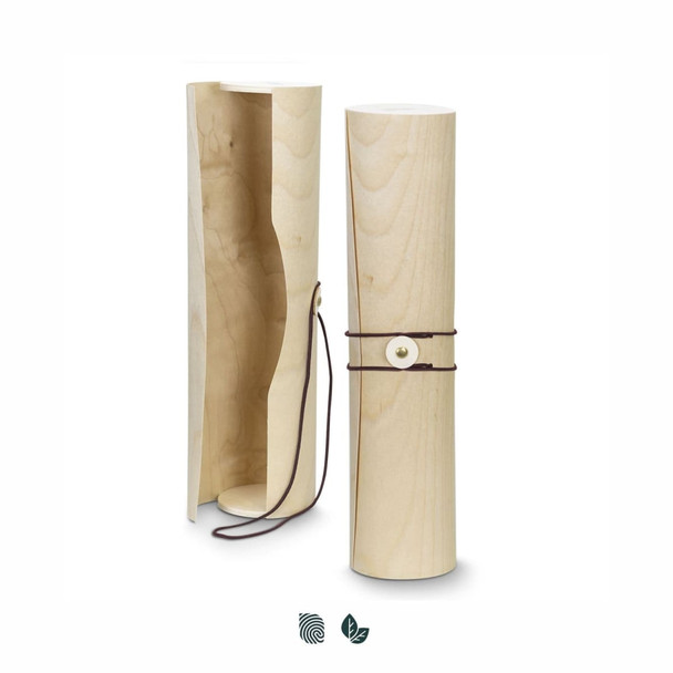A wooden wine tube in natural light wood, featuring a leather tie and an internal compartment. It also has a logo.