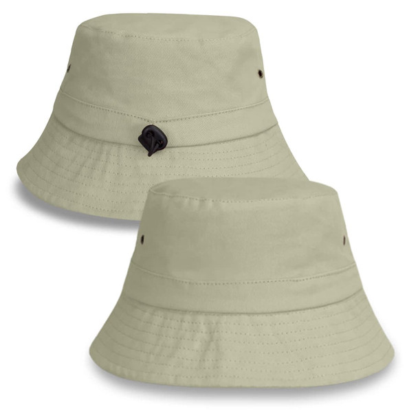A light khaki bucket hat with a wide brim and a logo on the side. Features ventilation holes for breathability. A light khaki bucket hat with a wide brim and a logo on the side. Features ventilation holes for breathability.