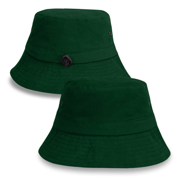 A dark green bucket hat featuring a logo, showcasing a simple and versatile design.