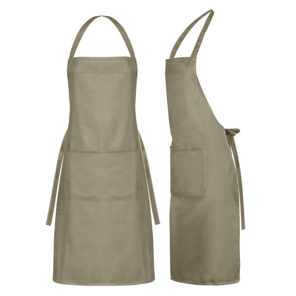 A khaki apron featuring a pocket, adjustable neck straps, and ties at the waist, with a logo.