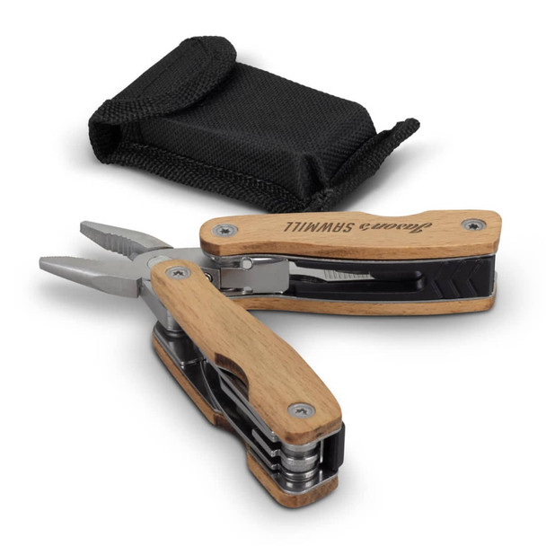 A wooden multi-tool with silver metal parts and a black carrying pouch, featuring a logo on the handle.