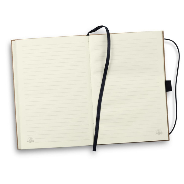 A hard cover notebook with a brown exterior, featuring lined pages and a black ribbon bookmark. A hard cover notebook with a brown exterior, featuring lined pages and a black ribbon bookmark.
