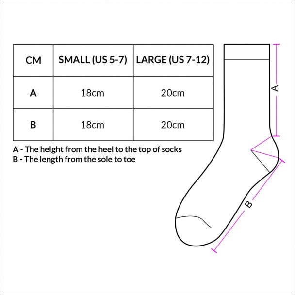 A diagram detailing sizing information for June Business Socks, with measurements in centimetres for small and large sizes.