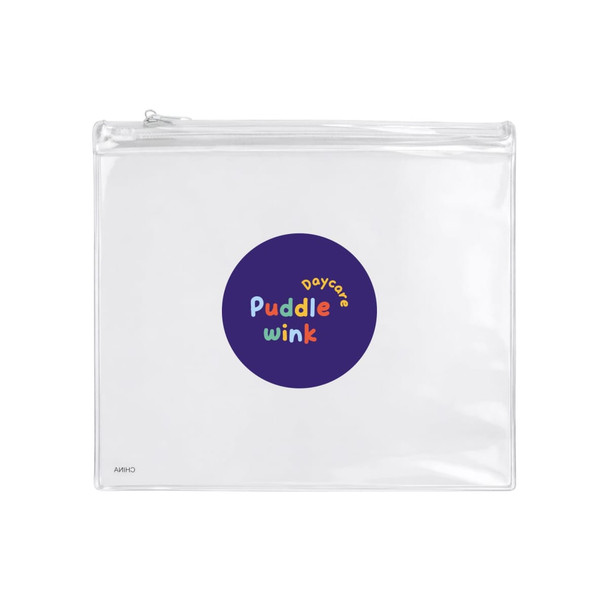 A clear pencil case with a circular logo in purple, featuring colourful text for "Puddle Winkle Daycare."
