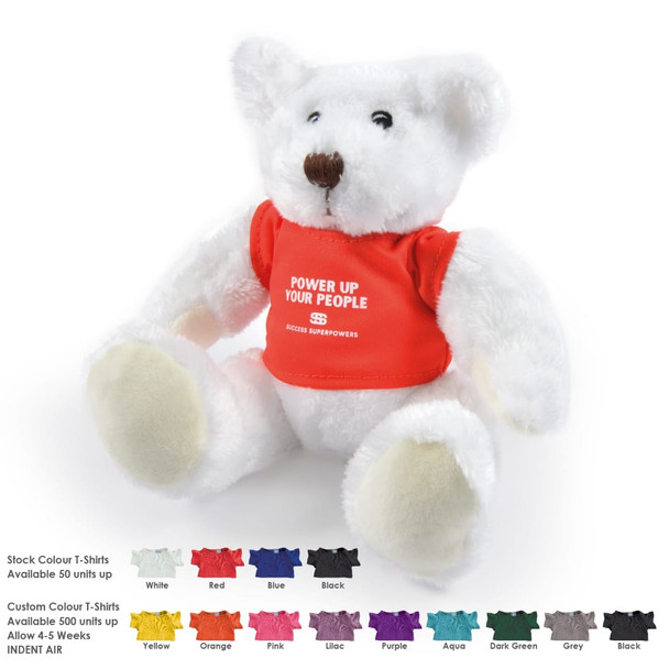 A plush teddy bear in white with a red T-shirt, featuring a logo. Various other T-shirt colours are displayed nearby. A plush teddy bear in white with a red T-shirt, featuring a logo. Various other T-shirt colours are displayed nearby.