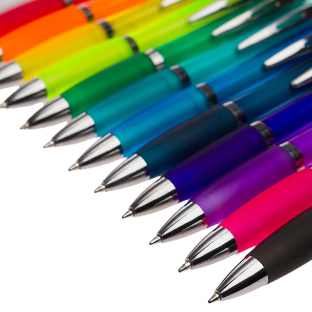 A variety of transparent pens in bright colors, including green, blue, purple, and pink, with silver accents.