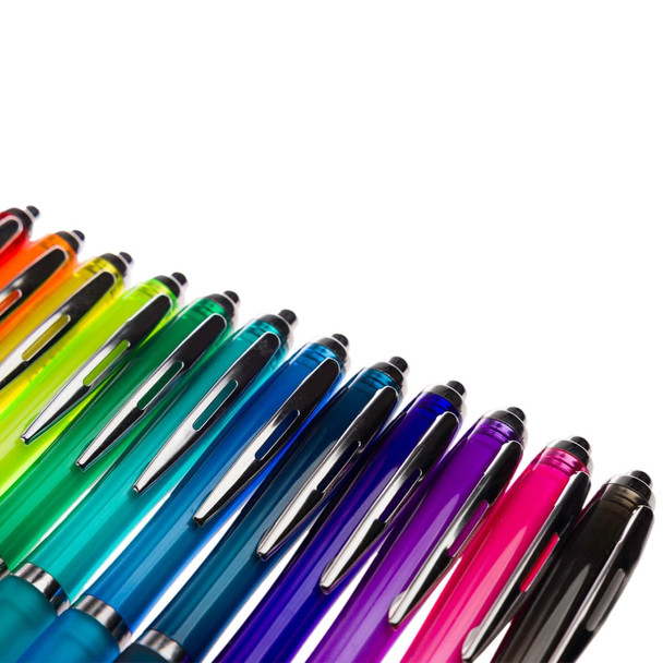 A lineup of transparent plastic pens in various vibrant colors, each with a black clip and tip, featuring a logo.