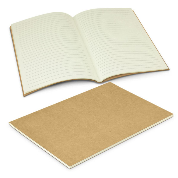 A medium notebook featuring lined pages, with a beige cover and a plain brown back cover.