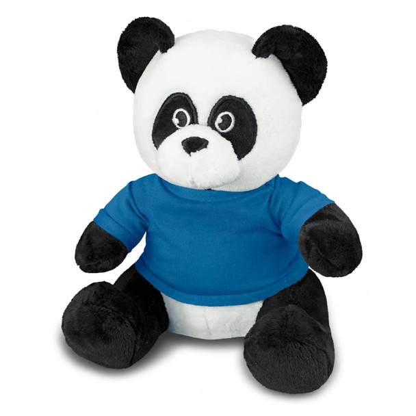 A panda plush toy with black and white fur, wearing a blue shirt, featuring a logo on the shirt.