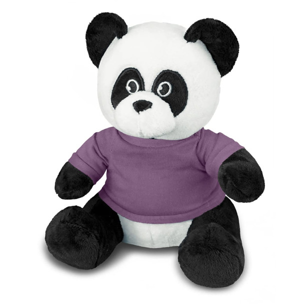 A panda plush toy in black and white, wearing a purple shirt, sitting upright. It has a friendly expression.