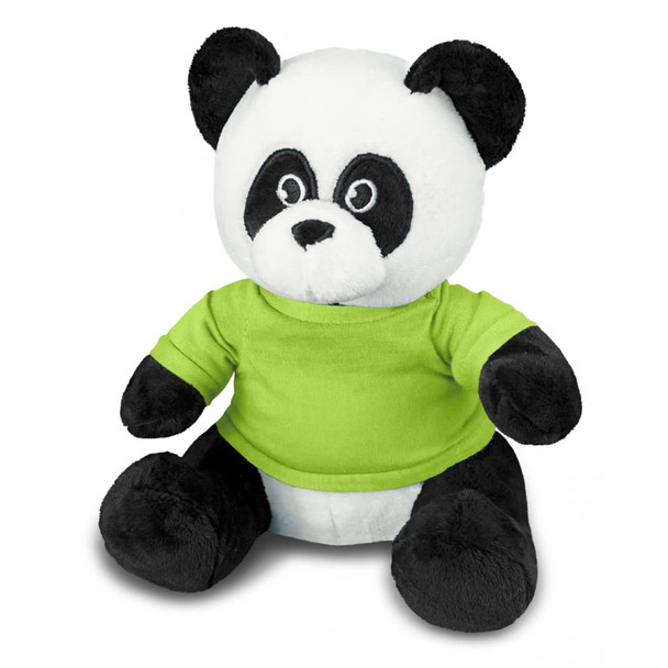 A plush panda toy with black and white fur, wearing a green shirt. The toy has a friendly expression and a soft texture.