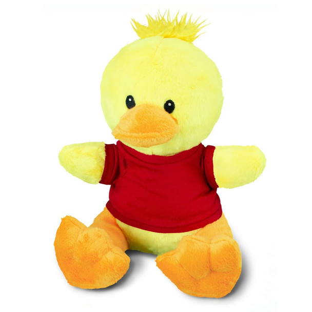 A soft, yellow duck plush toy wearing a red shirt, featuring orange feet and a tuft of hair on its head. A soft, yellow duck plush toy wearing a red shirt, featuring orange feet and a tuft of hair on its head.
