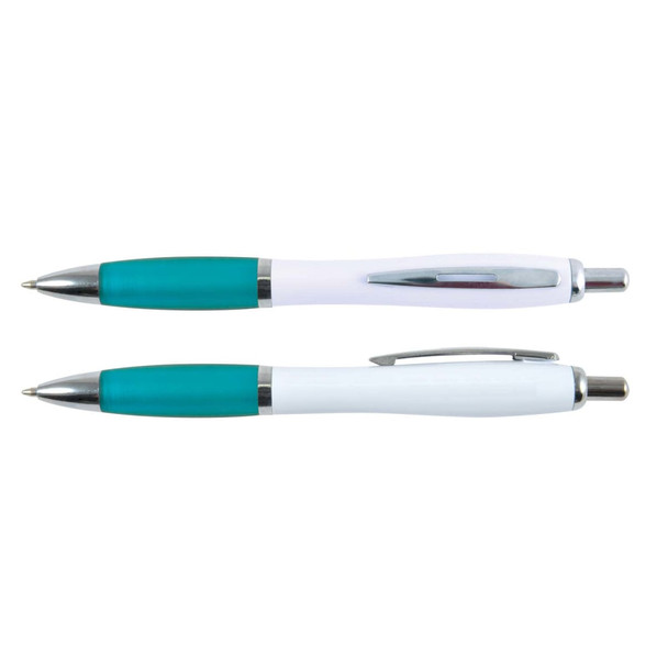 Two Viva Pens with a white barrel and teal accents, featuring a sleek design and chrome detailing. Two Viva Pens with a white barrel and teal accents, featuring a sleek design and chrome detailing.