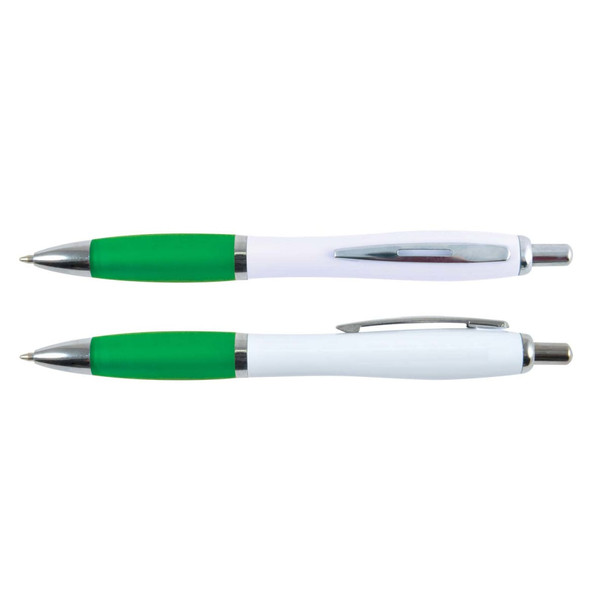 A set of two plastic pens with white barrels and green accents, featuring chrome trim and a clip.