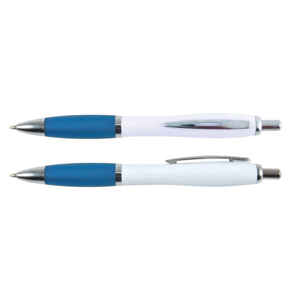 A set of white barrel pens with blue accents and chrome detailing, featuring a brand logo. A set of white barrel pens with blue accents and chrome detailing, featuring a brand logo.