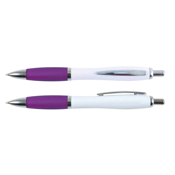 Two plastic pens with a white barrel and purple grip, featuring silver accents. One pen has a clip.