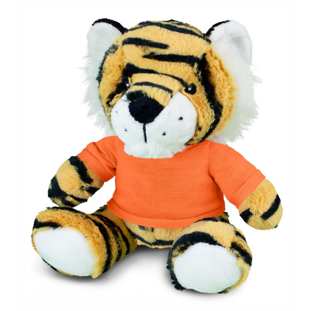 A plush tiger toy featuring orange and black stripes, wearing an orange shirt and has a friendly expression.