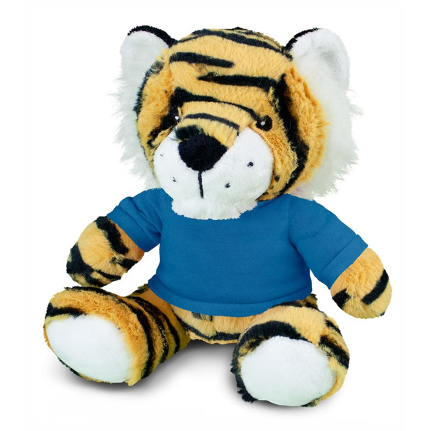 A plush tiger toy features orange and black stripes, with a blue shirt and white accents on the face and paws.