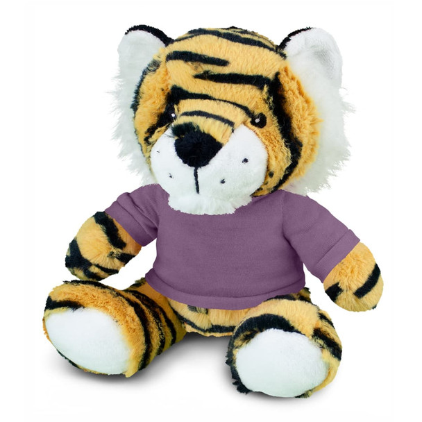 A cuddly tiger plush toy with orange and black stripes, dressed in a purple shirt, features a friendly expression.