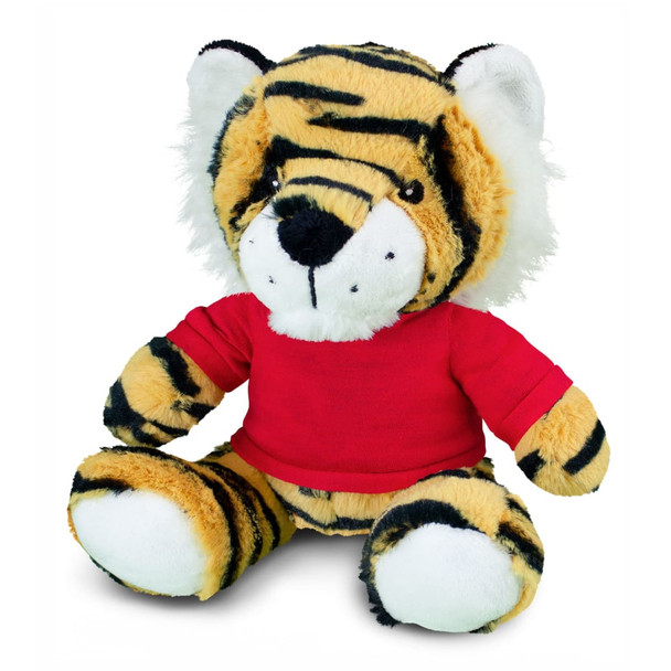 A plush tiger toy with a striped yellow and black design, wearing a red shirt and featuring soft white paws.