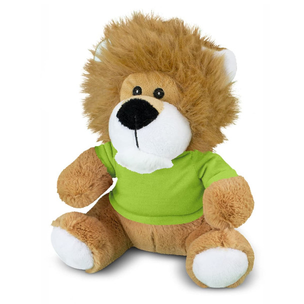 A plush toy lion with a fluffy mane, wearing a green shirt. The toy is brown with white paws and a friendly face.