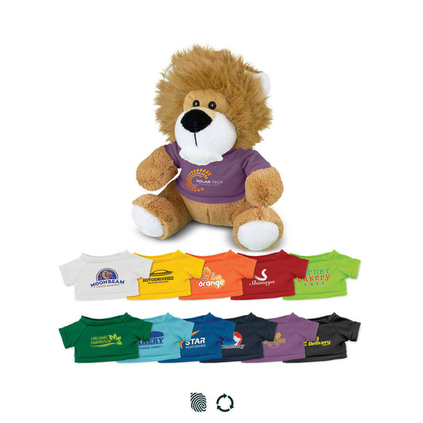 A plush lion toy with a fluffy mane, featuring a colourful T-shirt with a logo. Multiple T-shirts are displayed below.
