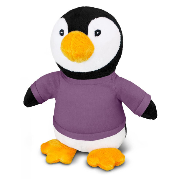 A plush penguin toy wearing a purple shirt with orange feet and beak, featuring black and white fur.